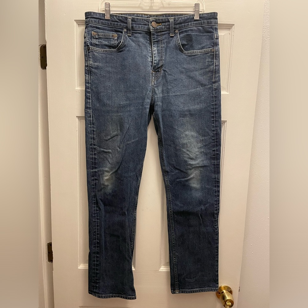 Men’s DSTLD premium denim jeans. Size 36 X 30. Blue, 5 pocket skinny jeans.